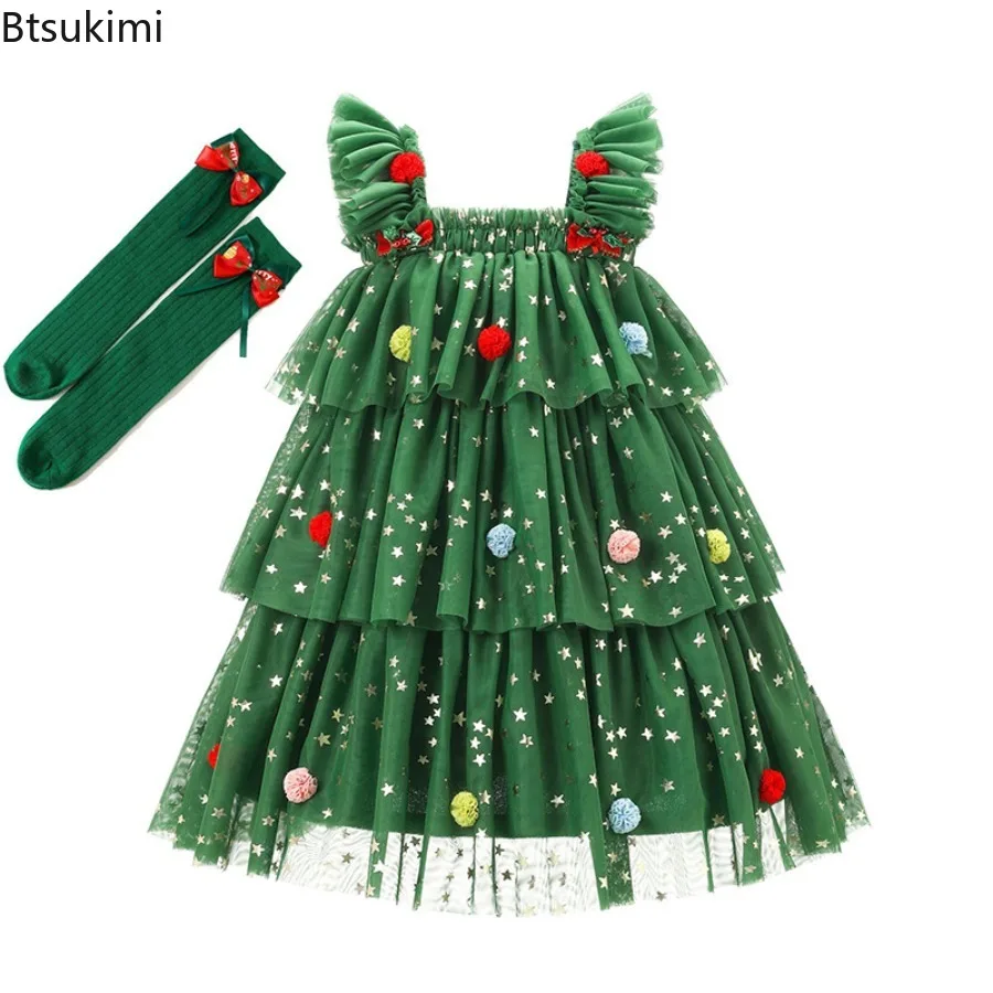 Toddler Girl Christmas Tulle Dress Kids Cute Flying Sleeve Cake Dress with Plush Ball Sequin Festive Party Princess Xmas Clothes