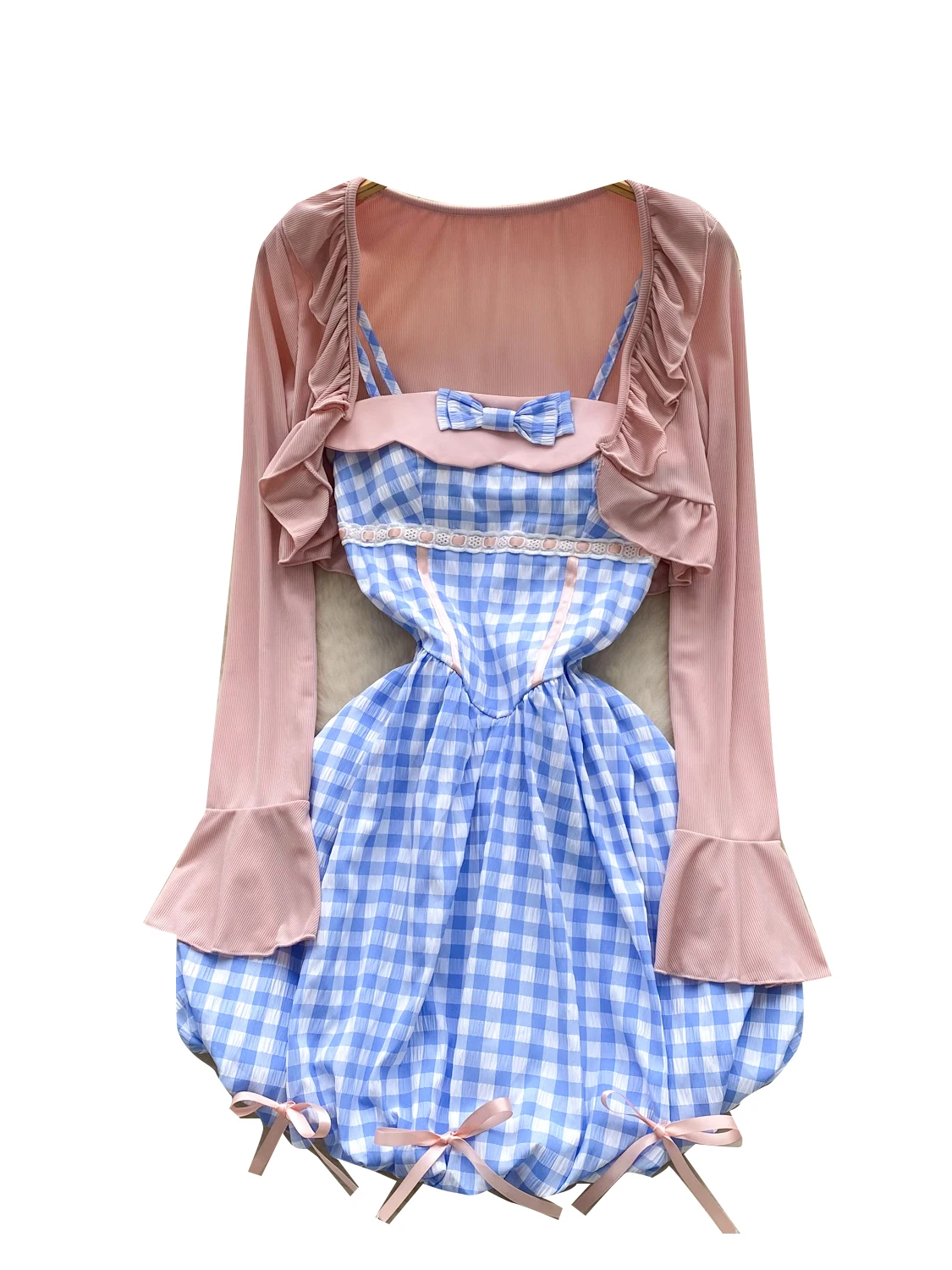 

Sweet Spicy Girl Summer Outfit Women's ort Sve awl Jaet Waist Cinched Strap Bubbly Floral Plaid Skirt Set