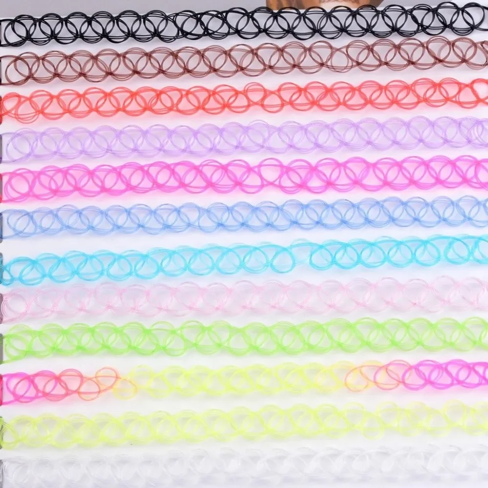 12Pcs/Set Fashion Colorful Fishline Necklaces Set Elastic Braided Black Layered Set Short Punk Style Fish Thread Choker Women