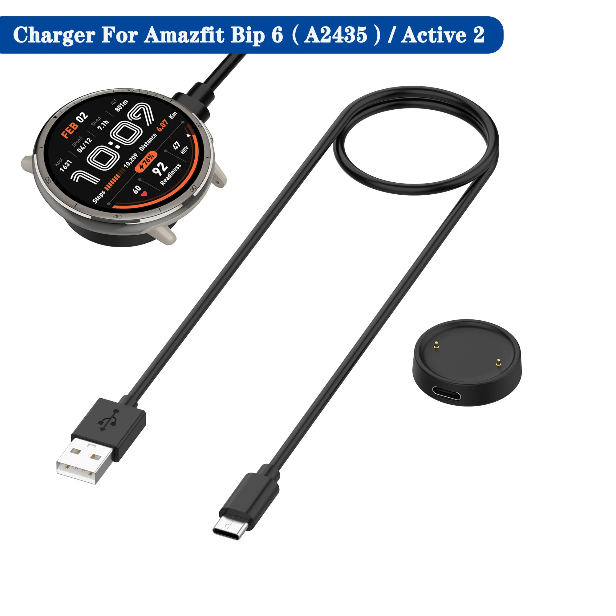 Carregador USB de 1M para Huami Amazfit Active 2/Bip 6, Base de Carregamento Magnética para Smartwatch, Cabo de Substituição