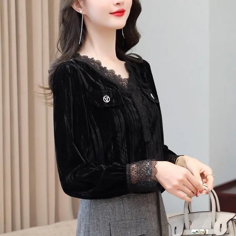 2023 Casual Solid Color Elegant V-Neck Lace Patchwork Shirt Spring Autumn Three-dimensional Decoration Stylish Hollow Out Blouse