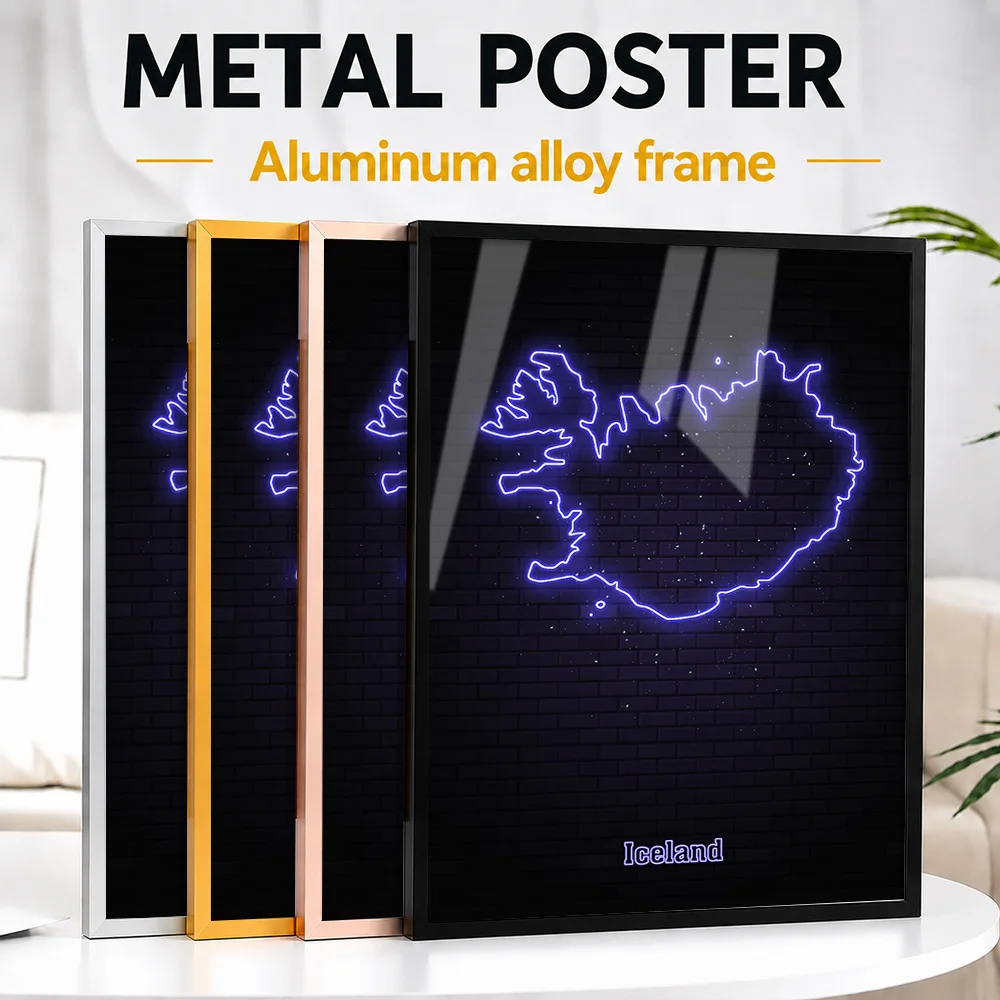 Iceland Map Outline Metal Poster With Aluminum Alloy Frame Personalized Neon Style Wall Art For Home Office And Travel Agency