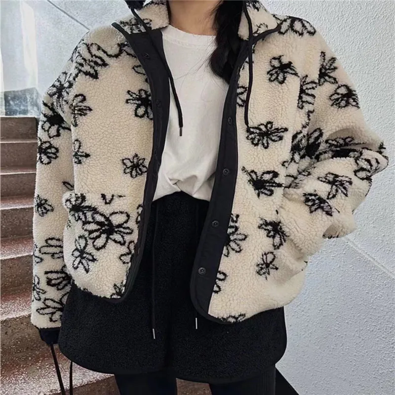 Korea Chic Winter Retro Stand Collar Coat Parka Two Wear Women Beige Coffee Flower Loose Casual Fleece Warm Furry Windbreaker