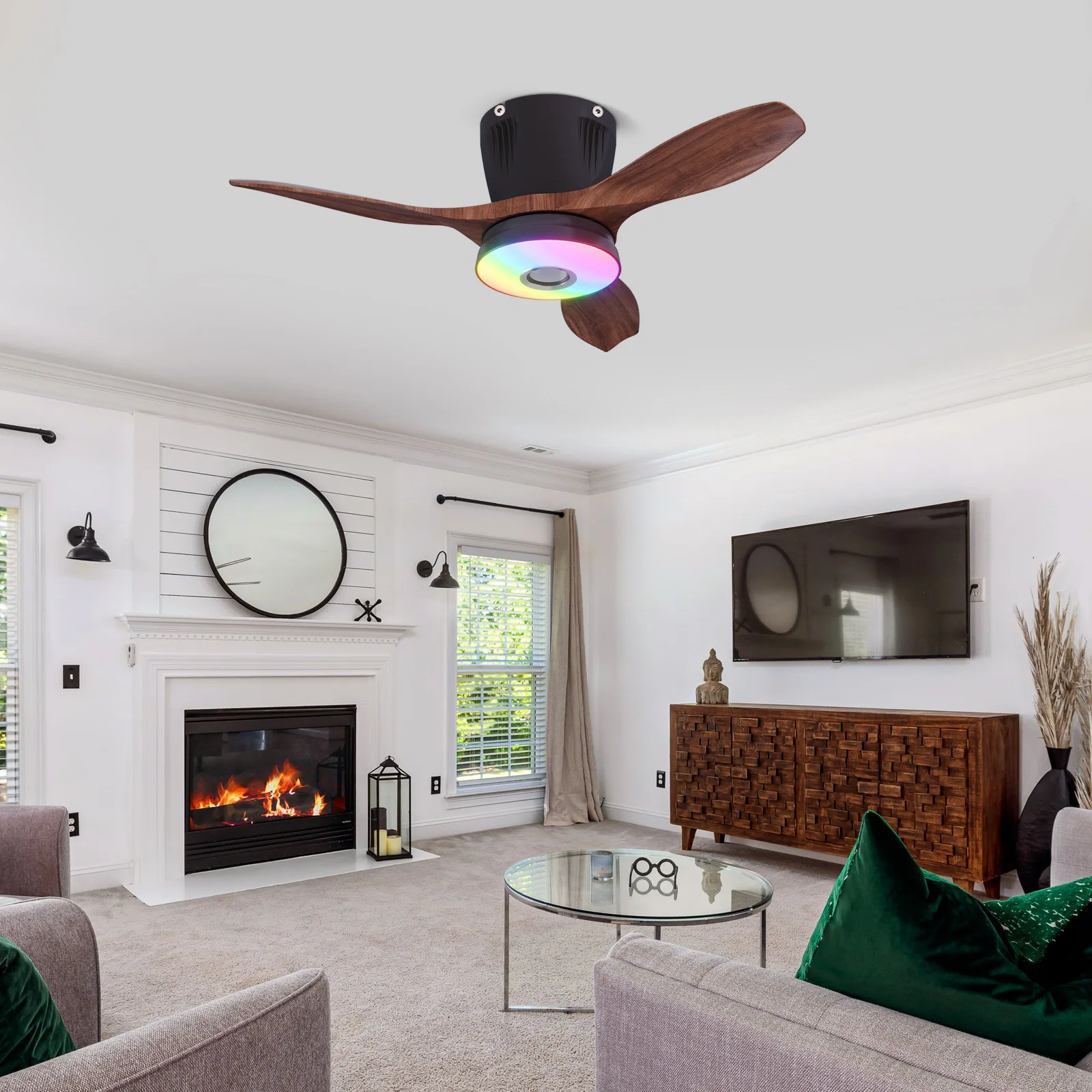 2025 جديد عبر الحدود مروحة السقف ضوء بسيط RGB مروحة السقف ضوء لغرفة النوم ، مطعم مروحة كهربائية ضوء LED أسود أبيض #2