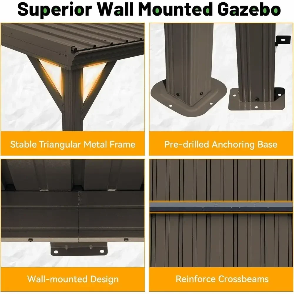 10x14 Outdoor Hardtop Gazebo with Wall Mount, Galvanized Steel Roof, Gutter & Brown Finish view 5
