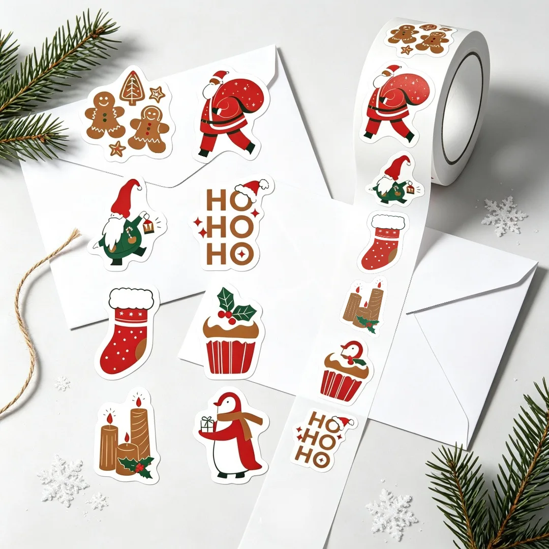 4 Styles, 500 Sheets Per Roll Christmas‑Themed Self‑Adhesive Cartoon Sealing Stickers for Gift Wrapping & Envelopes