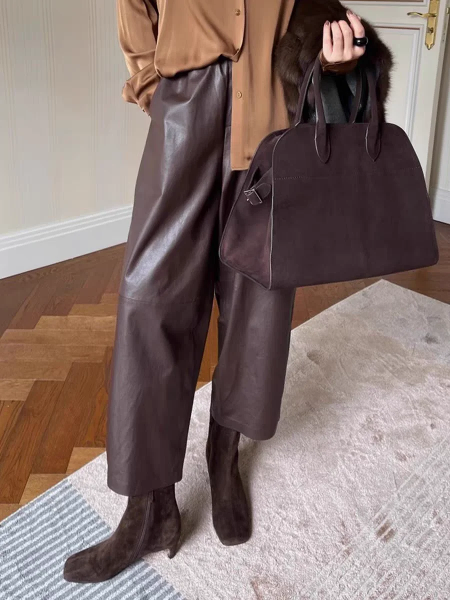 

Брюки из натуральной кожи eepskin с высокой талией, прямые, длиной 7/8, удобные, мягкие, женские брюки для повседневной носки