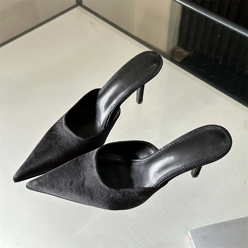 Eilyken New Fashion Pointed Toe Mules Slippers Woman Concise Satins Shallow Thin Heels Party Dress Ladies Shoes