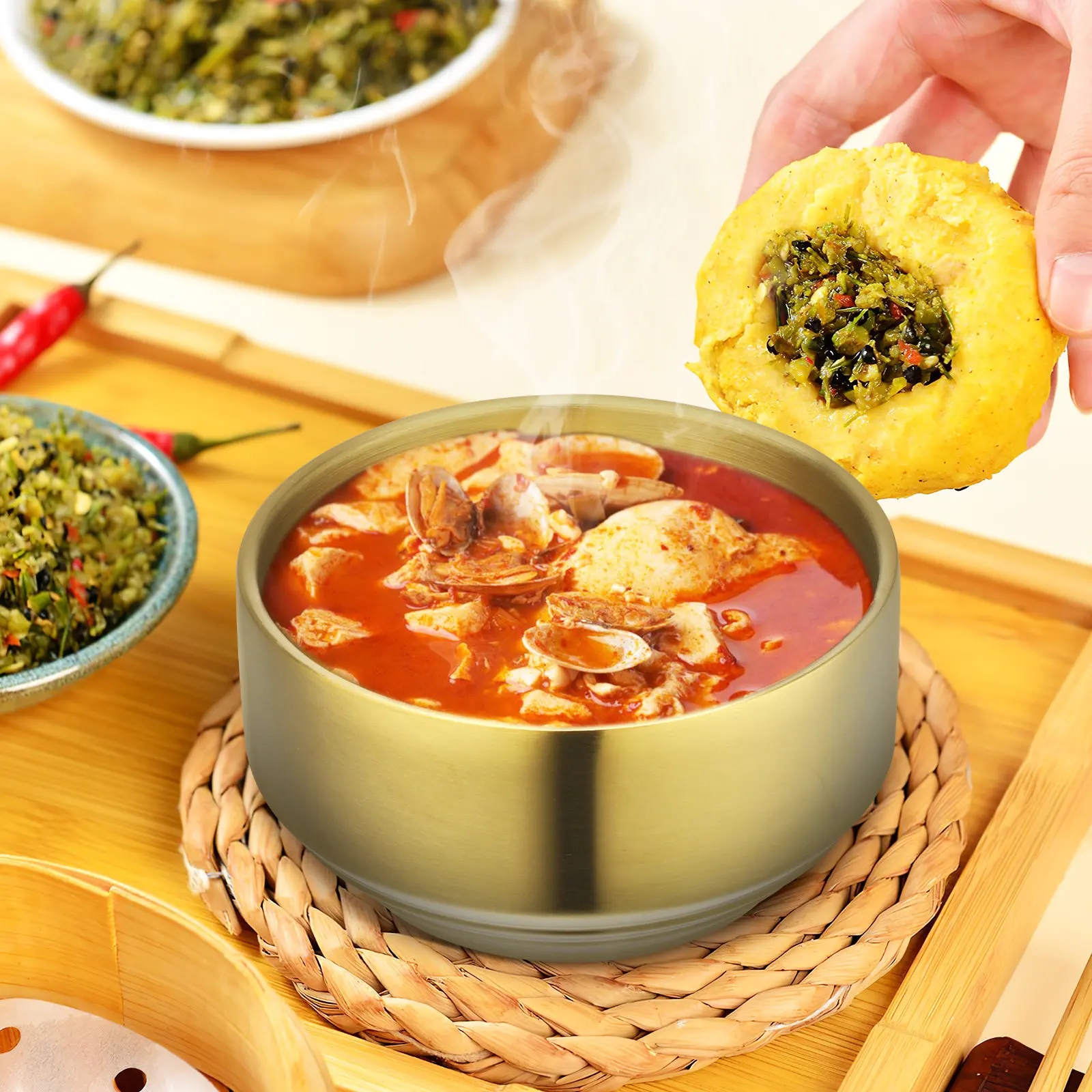 2Pcs Gold Stainless Steel Double Layer Insulated Bowls Heat Resistant Korean Design Salad Fruit Pasta Snack Serving Mixing Bowls