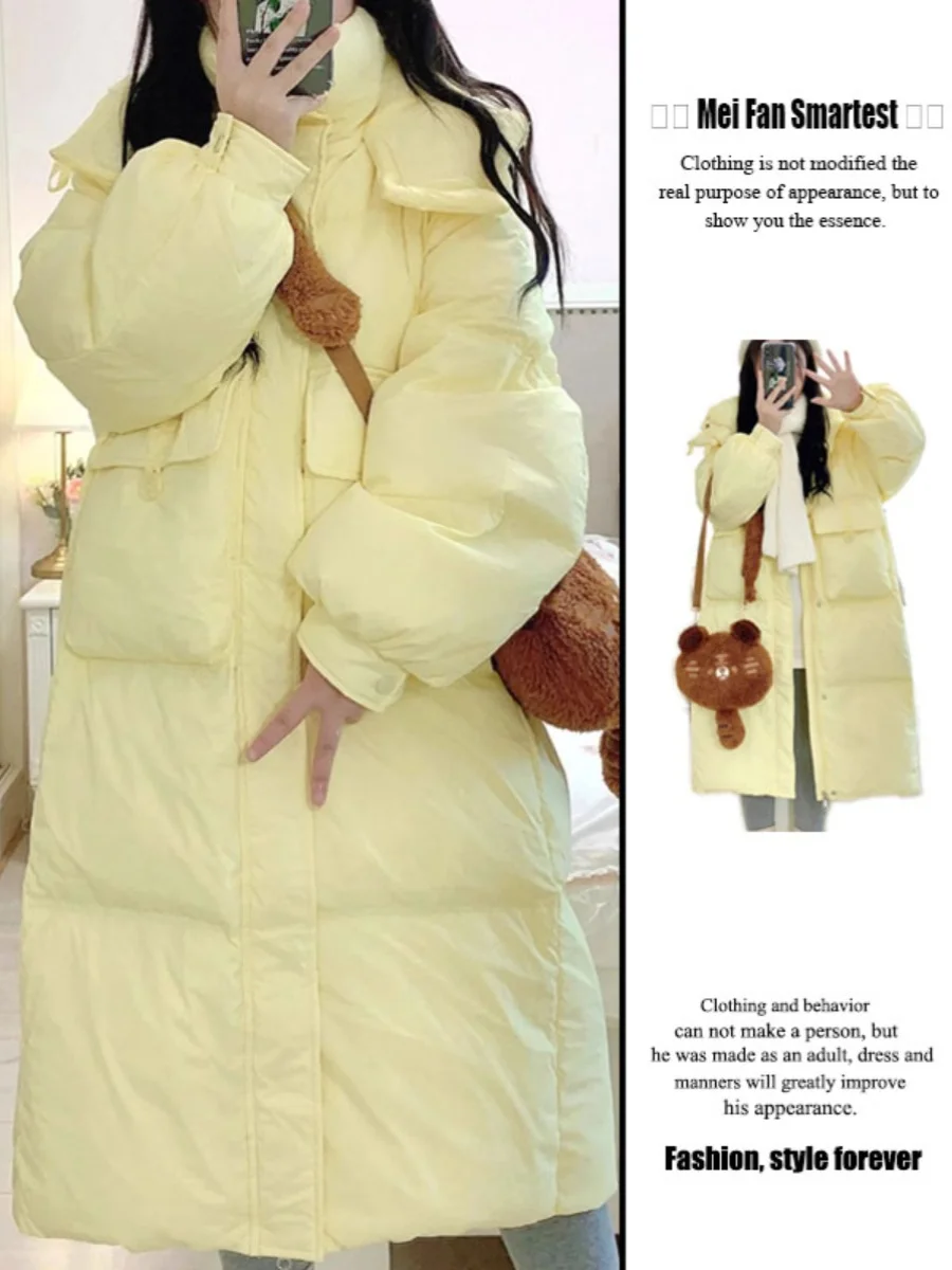 Thickened Yellow down Cotton Jacket Women's Winter Coat Medium-Length Retro Zipper Closure Long Sleeve Loose Fit Outerwear