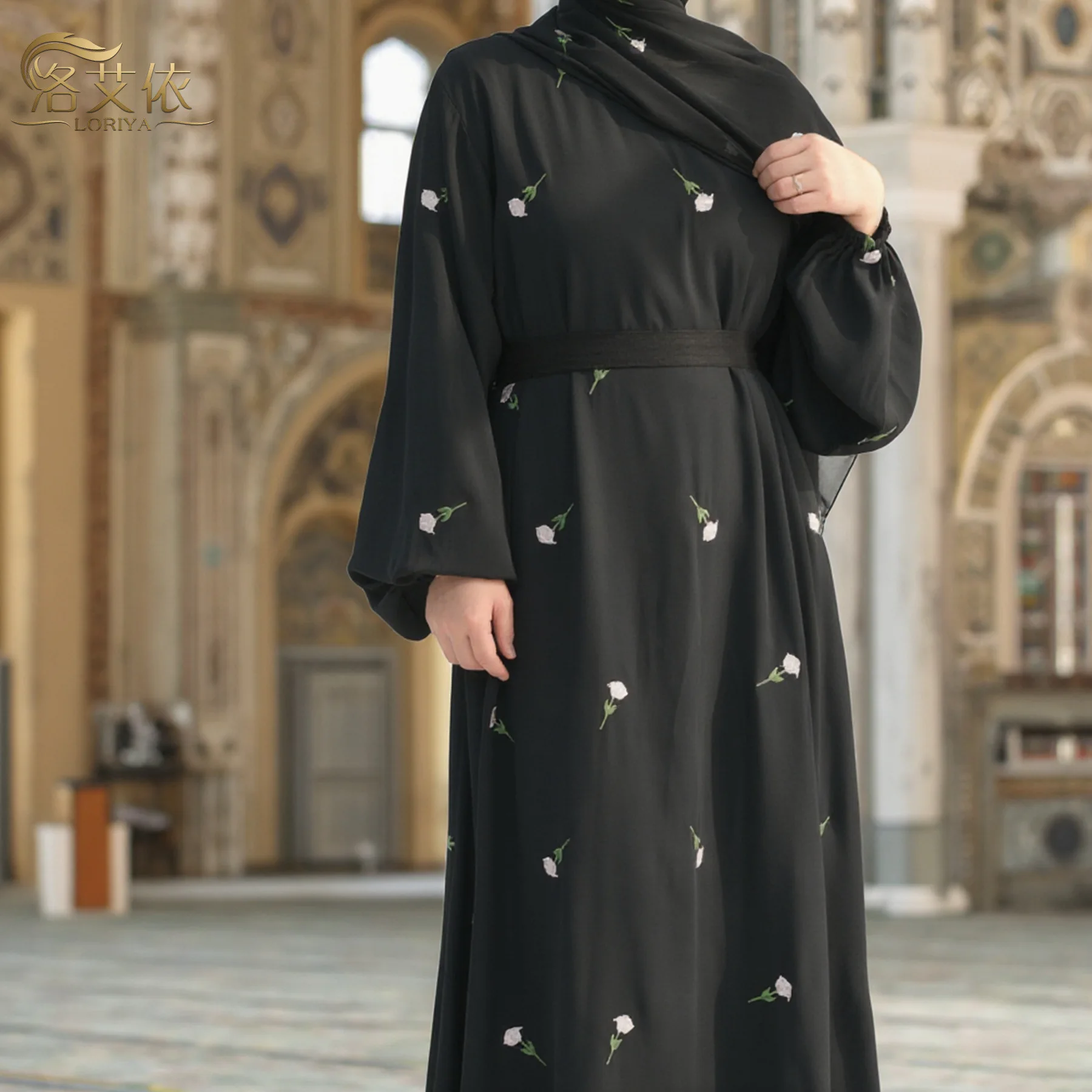 Dubai Turkey Muslim Women Long Maxi Loose Dress Flower Embroidered Dress Abaya Robe