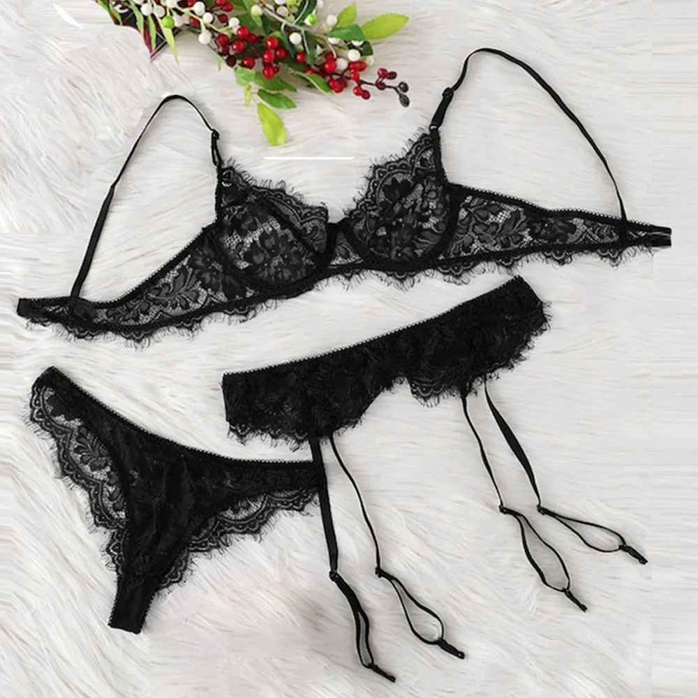

Gothic Black Lace Lingerie Set Women Push Up Bra + Thong + Garter Sexy Transparent Underwear Sensual Erotic Costumes Intimates