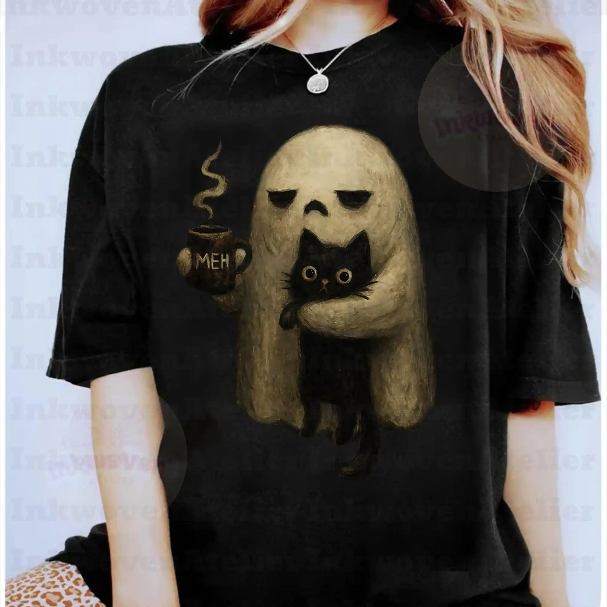 Ghost Cat Shirt, Spooky Black Cat Graphic Tee, Funny Introvert Halloween Coffee Lover Gift, Spooky Season Cat Tee, Ghost T-shirt