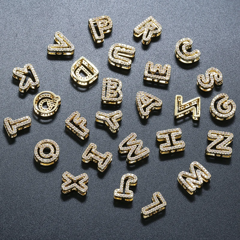 9×11mm A-Z Hollow Letter Bead Pave CZ Brass Small Charm Handmade Jewelry Making Accessories 18K Gold Plated 2.0mm Hole:VZ492