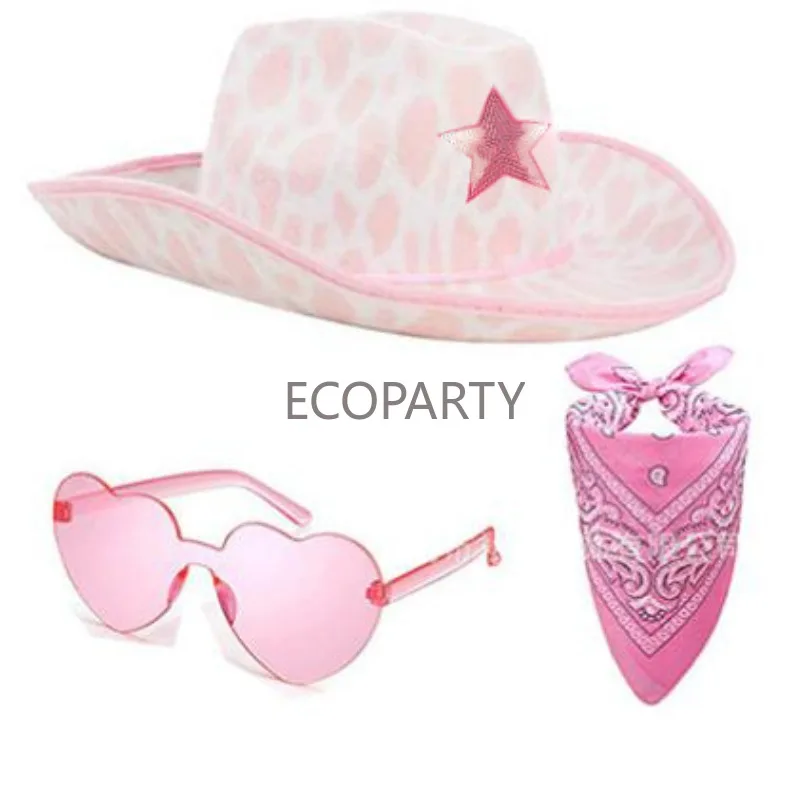 

Novelty Pink Five Pointed Star Cowboy Hat with Heart Shaped Sunglasses Kerchief Cowgirl Hat for Women Western Party Three-piece