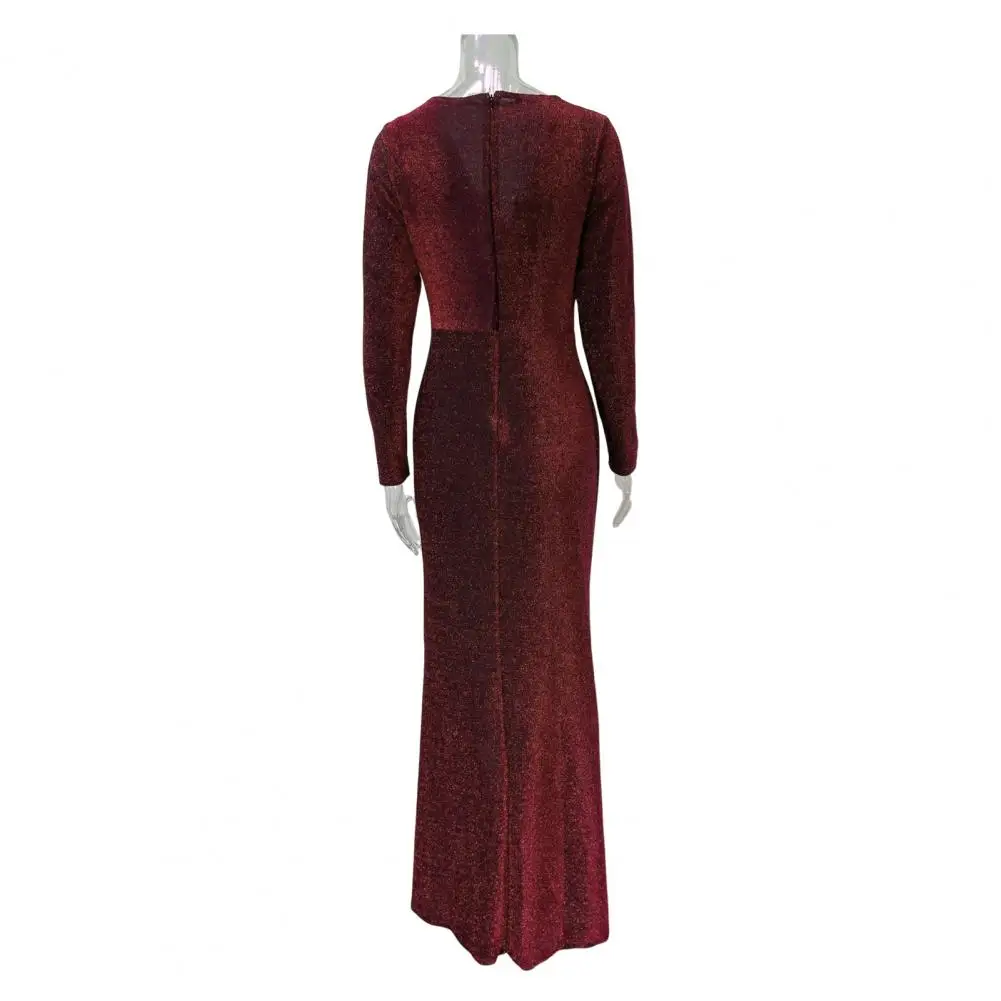 Sukienka z rozcięciem Elegancka sukienka maxi z cekinami dla kobiet z długim rękawem i dekoltem w szpic z gumką na wesele