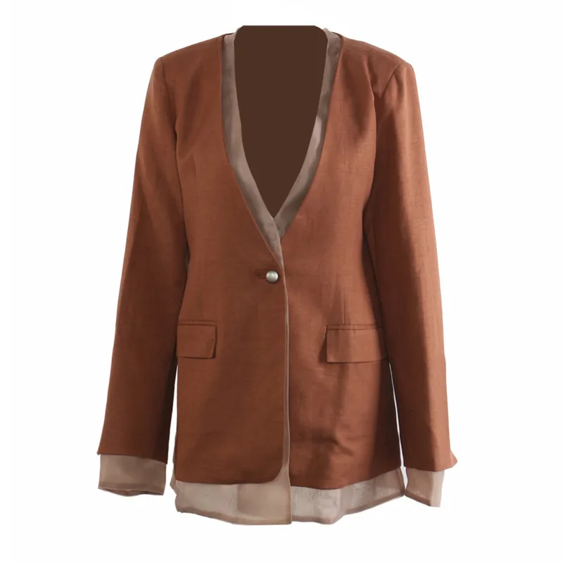 FANAN Leinen Elegante Kontrast Farbe 2-teiliges Set frauen V-ausschnitt Gespleißt Design Blazer + hohe Taille Gerade Hosen 2025 herbst Neue