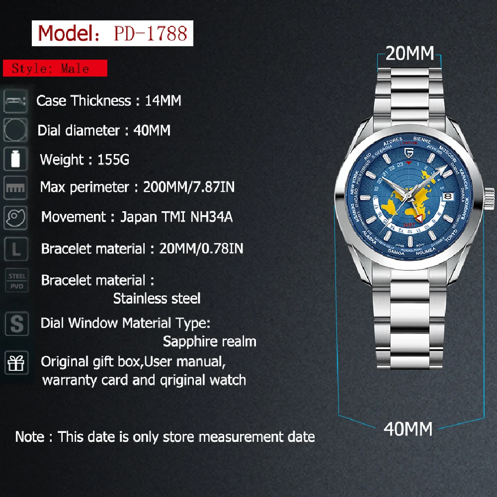 PAGANI DESIGN 1788 Leichte, luxuriöse mechanische Uhr, NH34A-Uhrwerk, Saphirglas, Herrenuhr, 316L, komplett aus Stahl, wasserdichte Herrenuhren