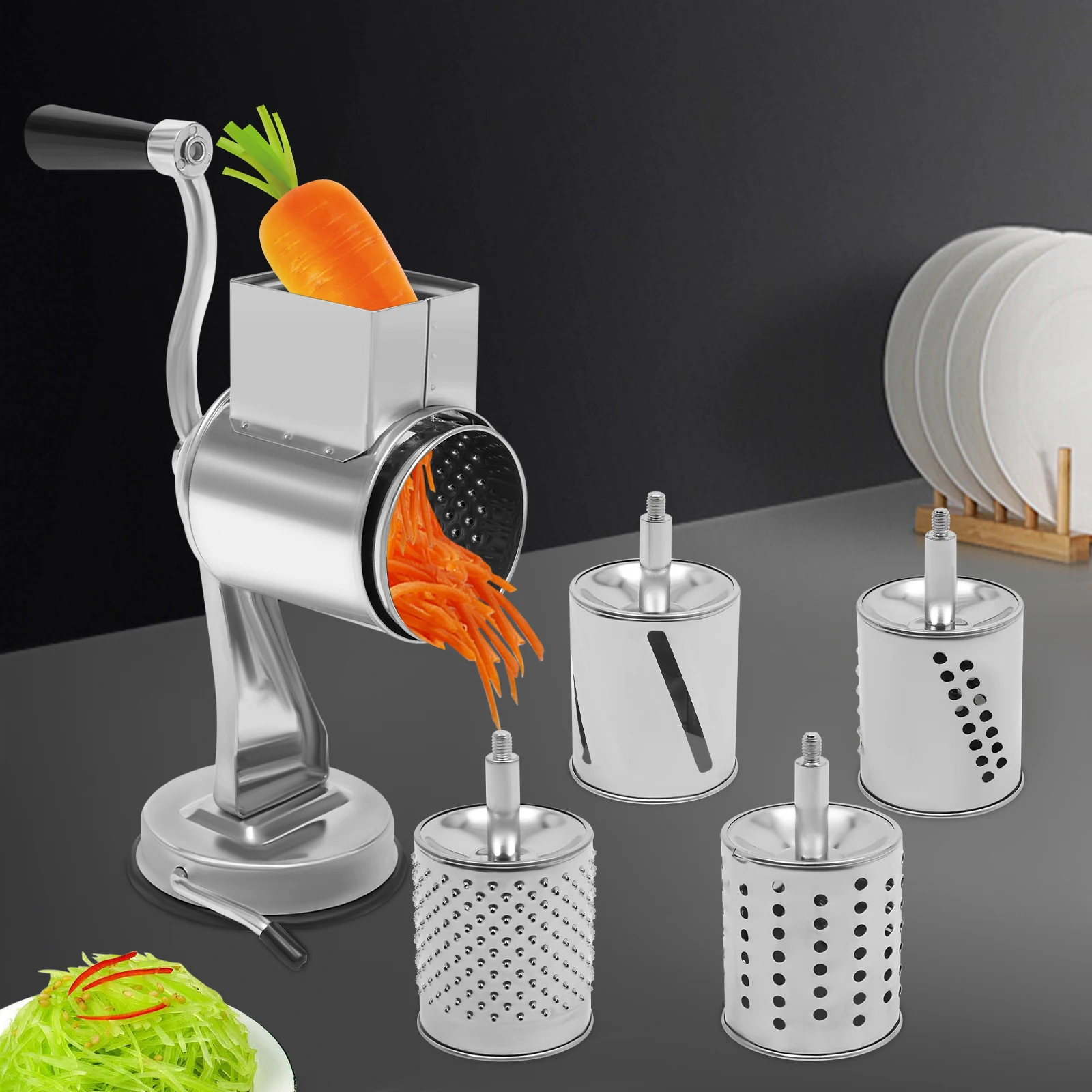 

Cheese Grater Hand Drum Slicer, Stainless Steel Multi-Functional Vegetable Cutting Drum with Suction Cup for Commercial or Home