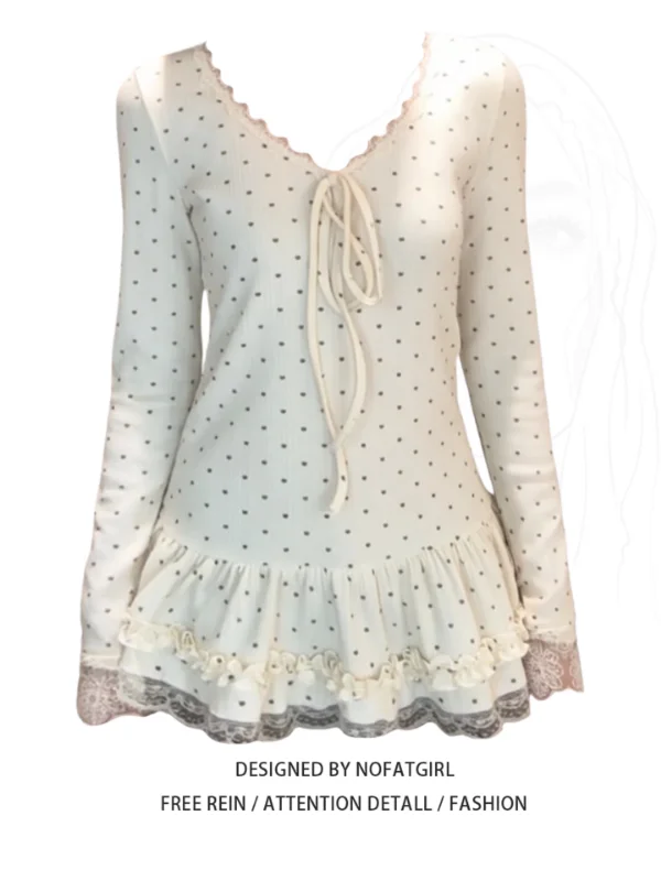 

plus Size Women's Sweet Sle V-Ne Polka Dot Lace Trim Long Sve T-irt Slimming Base Layer irt Top for Autumn Winter