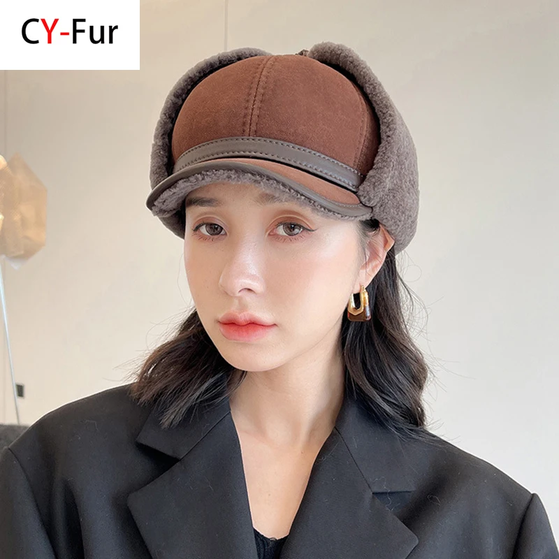 여성용 모피 양털 가죽 모자, 따뜻한 두꺼운 귀 플랩, 봄버 모자, 러시아 모자, 신상 하이 퀄리티, 2025 겨울