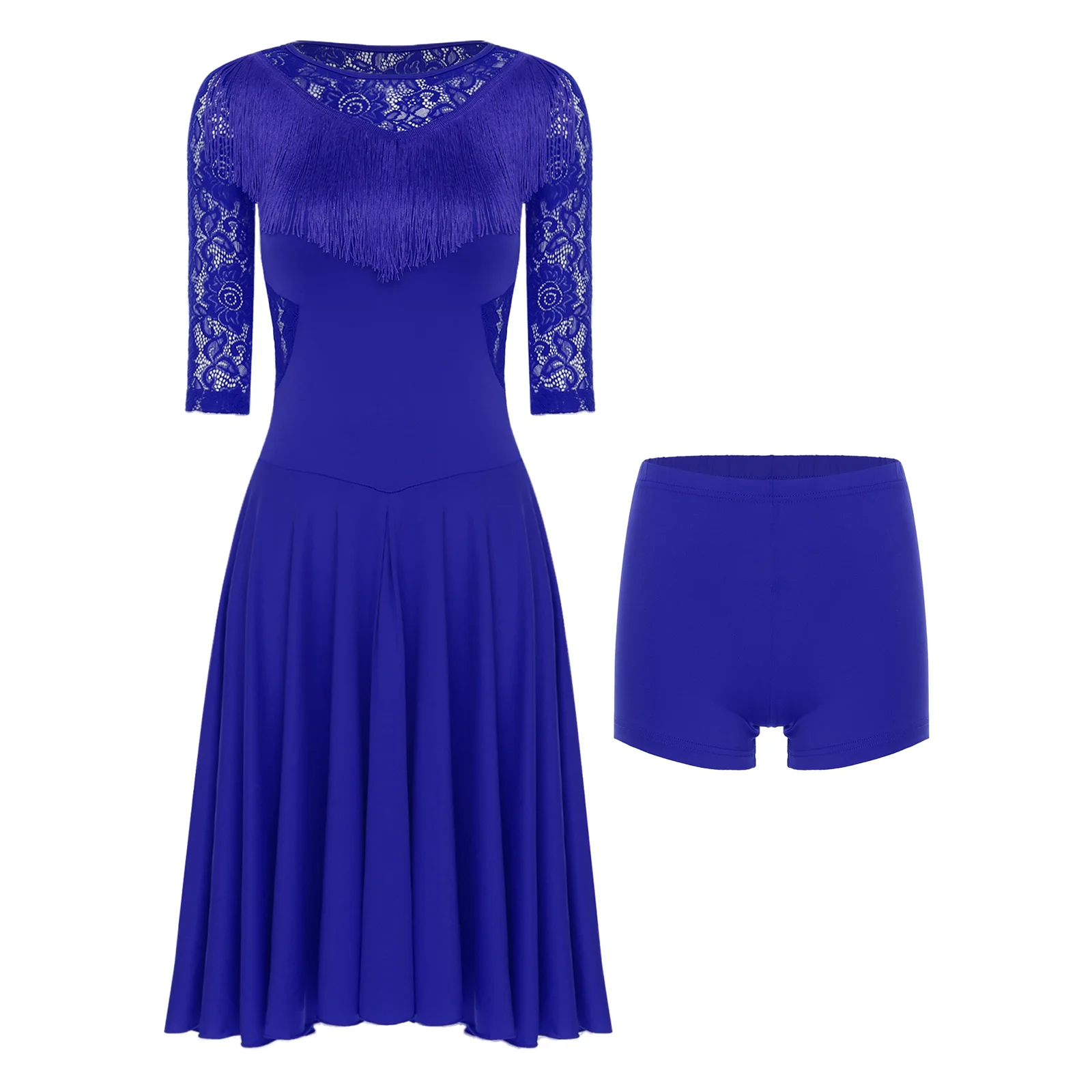 Costume de danse Tango Samba pour femmes, élégant, dentelle florale transparente, pompon fluide, robe de Salsa latine avec short pour danse Chacha Rumba