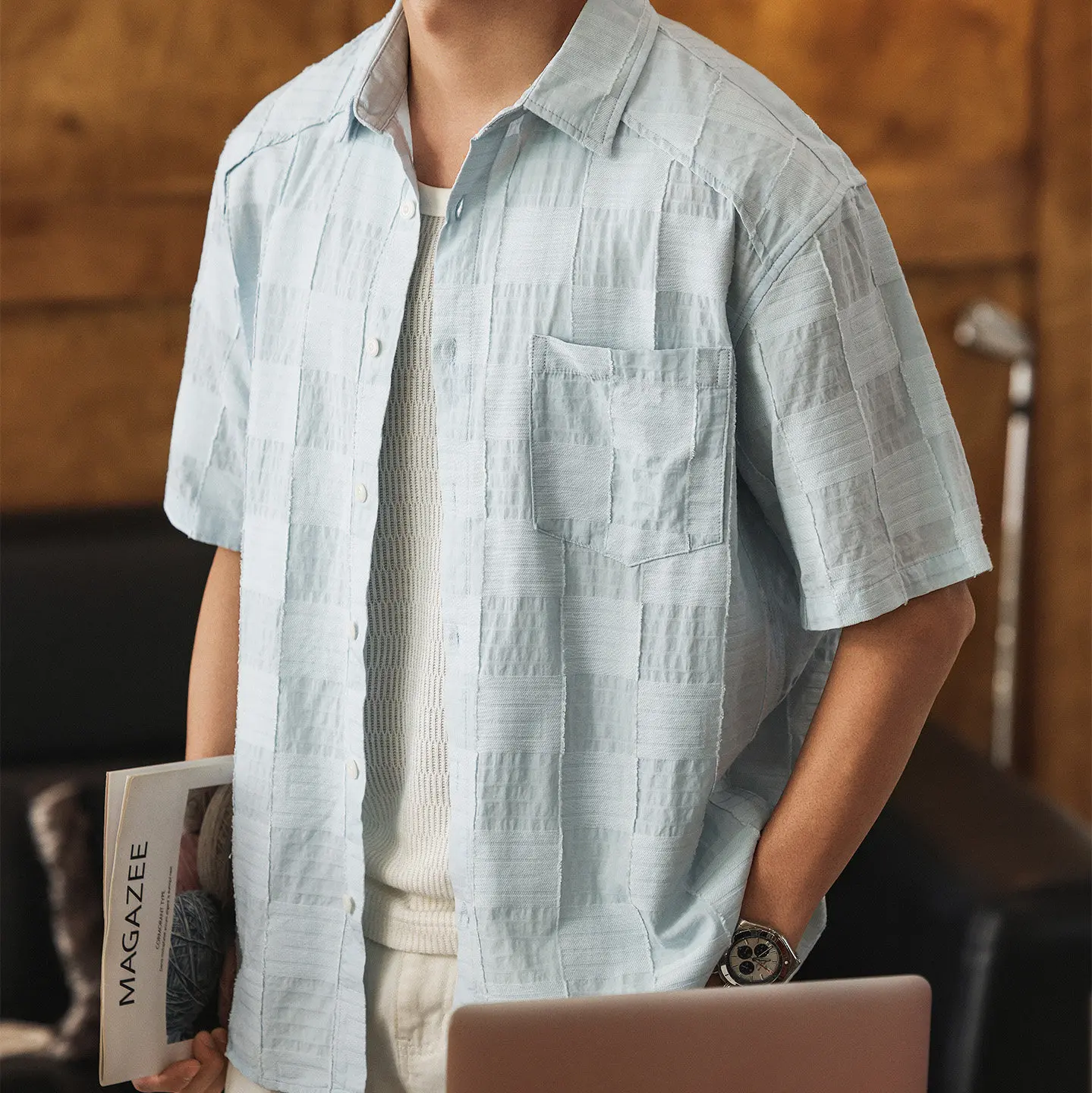 Men Wrinkled Textured Short Sleeve Shirts Oversized Lapel Pocket Button Down Blouse 3 Colors Green Beige Coffee