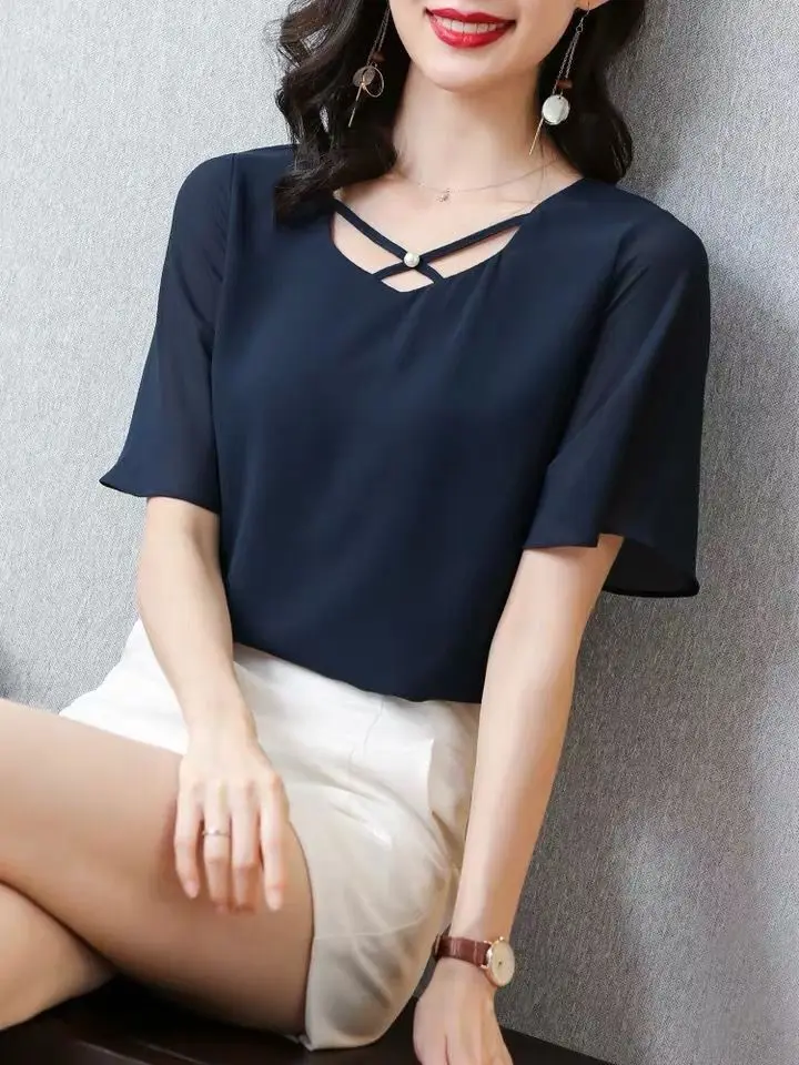 2023 Summer Women Vintage Fashion Ruffled Chiffon Blouses Elegant Ladies Shirts Blusas Mujer Chic Tops