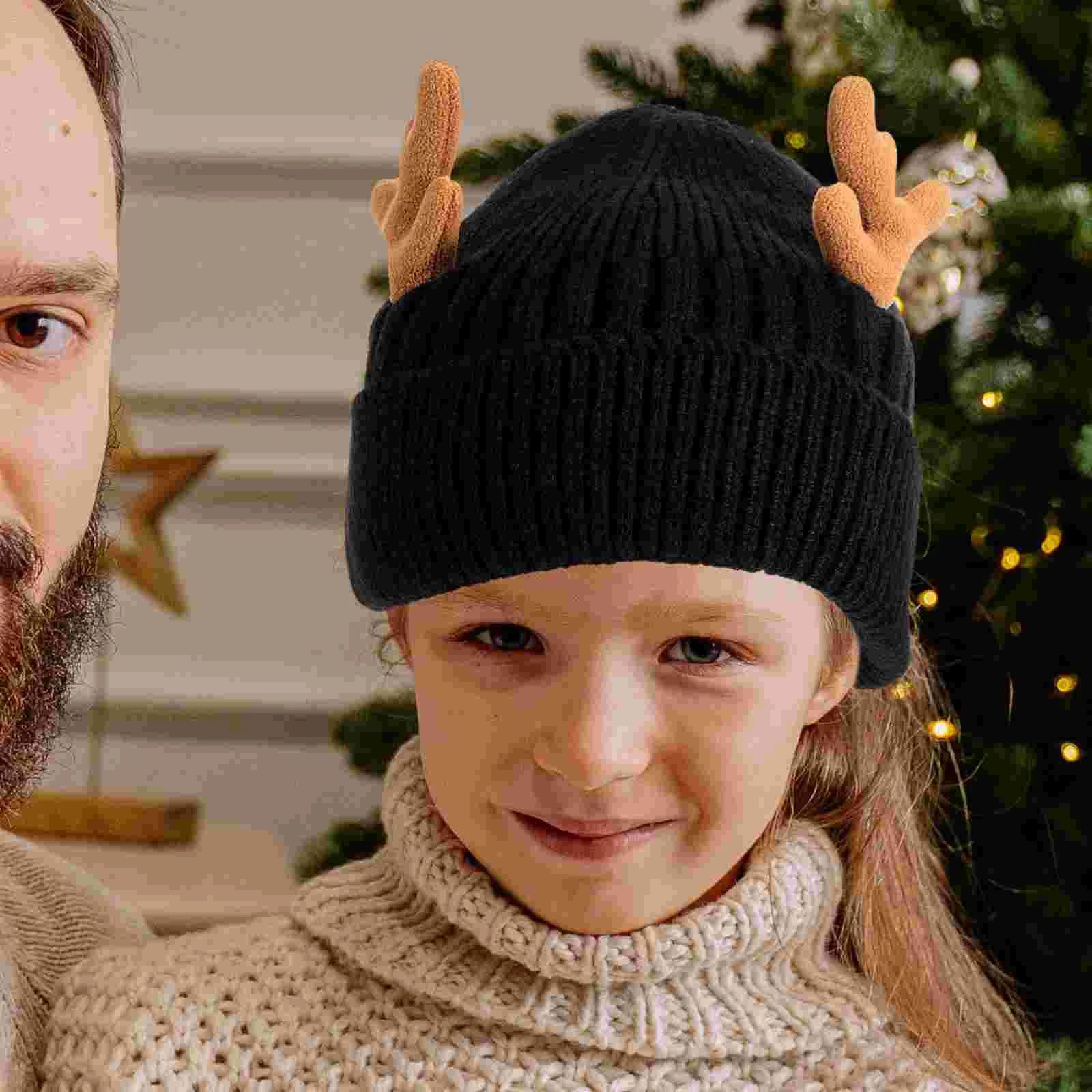 Antler topi kupluk rajut tanduk Natal, topi wol tudung rajut hangat hadiah