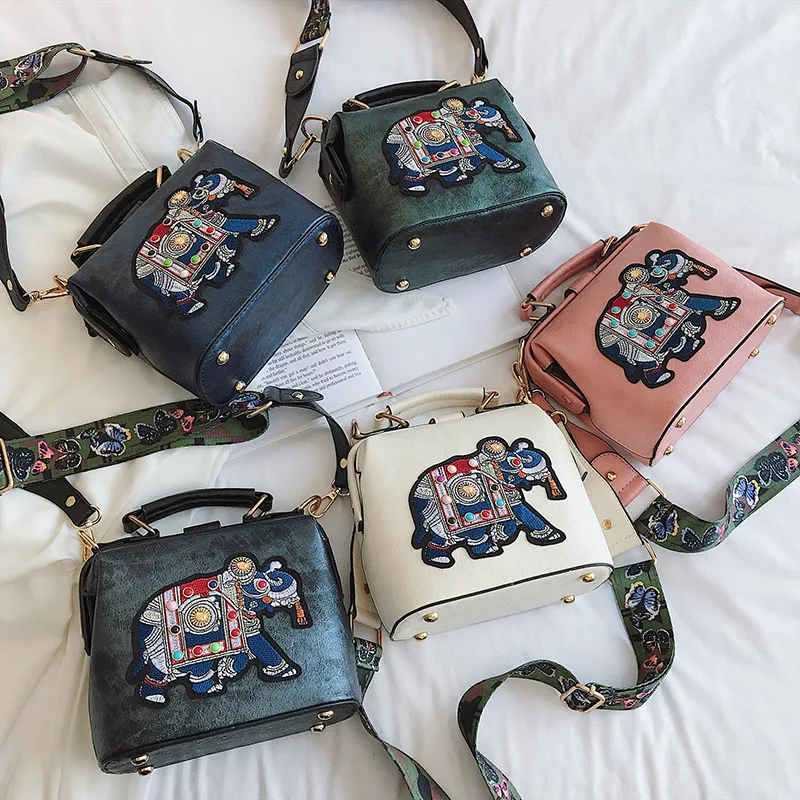 Vintage Embroidery Elephant Bag Bags Wide Butterfly Strap PU Leather Women Shoulder Crossbody Bag Tote Women\'s Handbags Purses