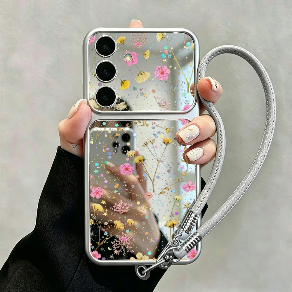 Flower Floral Phone Case For Samsung A56 5g A57 A55 A36 A16 A37 A17 A26 A53 S25 S26 Ultra S24 FE S23 Silver Make UP Mirror Cover