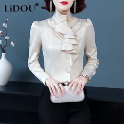 2023 Spring Autumn New Solid Color Stand Collar Long Sleeve Button Shirt Women Fashion Ruffles Casual All-match Office Lady Tops