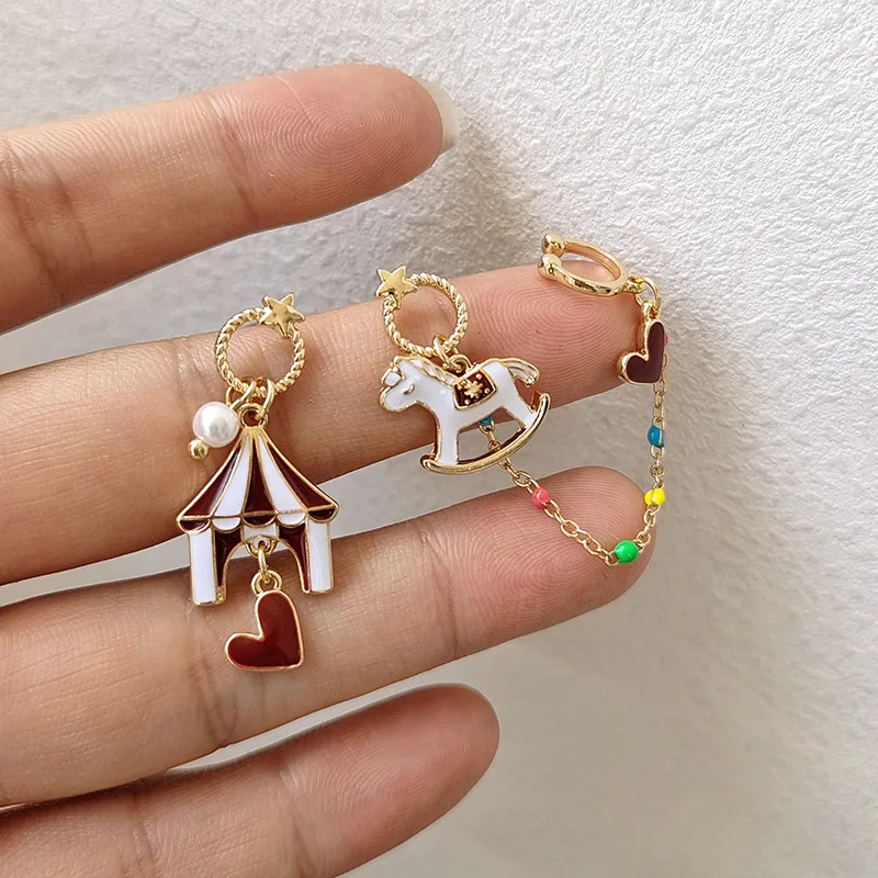 S925 Needle Creative Cartoon Amusement Park Ear Earbone Clip Personality Cute Heart Asymmetrical Rocking Horse Drop Earrings