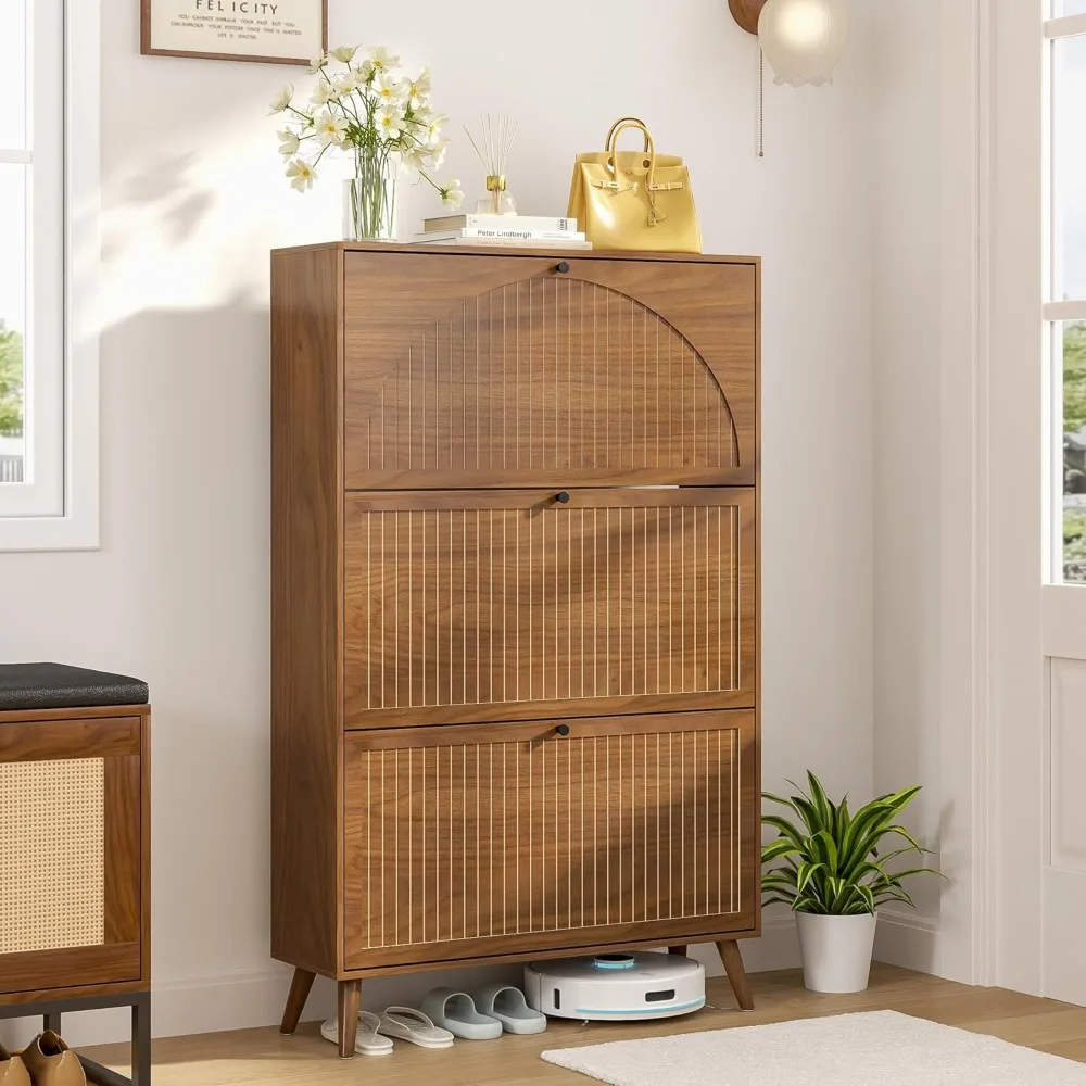 خزانة تخزين الأحذية الخشبية قائمة بذاتها مع 3 أدراج للمدخل وتصميم اللوحة المخددة