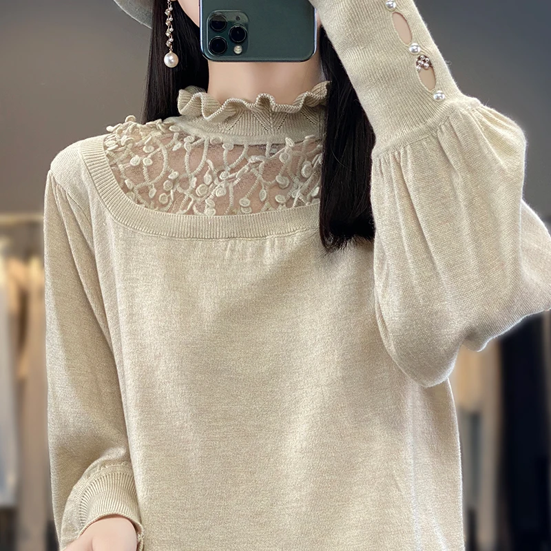 Women\'s Refined Wool Clothing 2023 Spring /Autumn New Product Knitted Pullover Top Fashion Korean Edition Mesh High collar Shirt