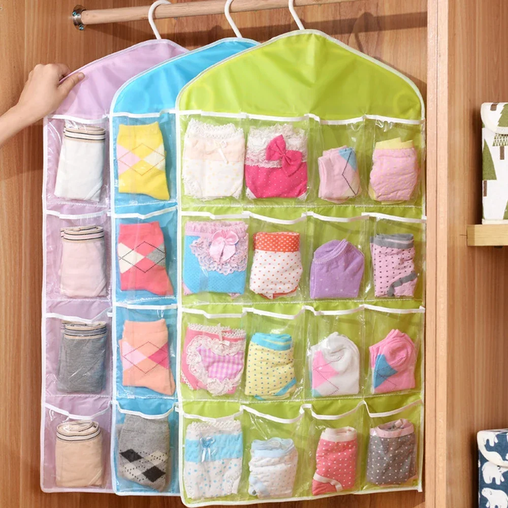 Hot 16 Pockets WardrobePockets Clear Hanging Bag Socks Bra Underwear Stationery Rack Hanger Storage Saving Space Tidy Organizer