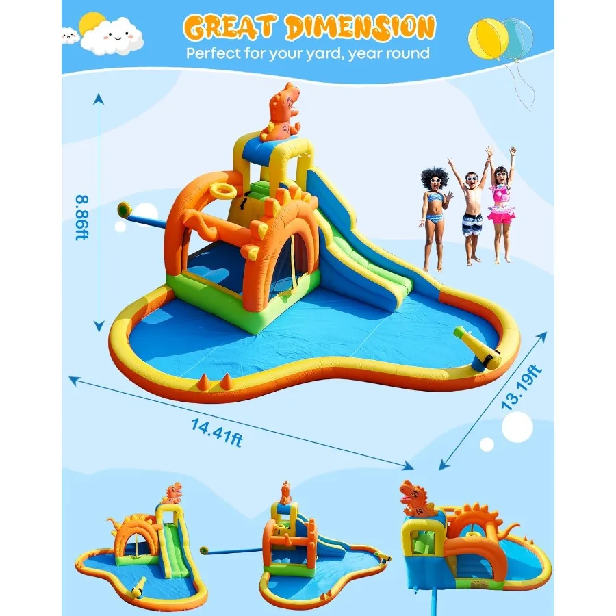 Parco gonfiabile per diapositive d'acqua con dinosauro Casa di rimbalzo 7 in 1 con zona di salto per diapositive Parete da arrampicata su piscina e canestro da basket 480