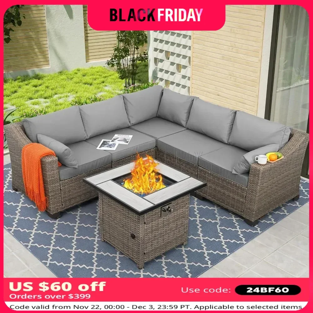 Fire Pit Table, All-Weather Cushions Curved Backrest Outdoor Sectional Large-Size Patio Furniture Set Outdoor Heating