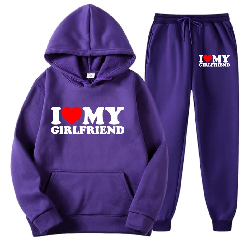 New I LOVE MY GIRLFRIEND Print Men Women Tracksuit Hoodies Thick Pullover and Long Pant Set Men Autumn Fleece Jogger Sports Suit