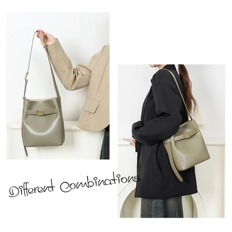 2024 Fashion Ladies Genuine Leather Single Shoulder Bag Simple Leisure Design Women‘s Crossbody Bucket Bag Luxury