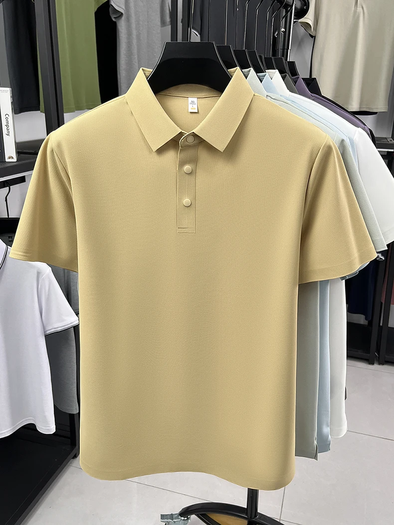 Hochwertiges Eisseide-Kurzarm-Poloshirt für Herren, klassisches einfarbiges, atmungsaktives Business-Casual-T-Shirt, neues Luxus-Oberteil für den Sommer. – Detail 20
