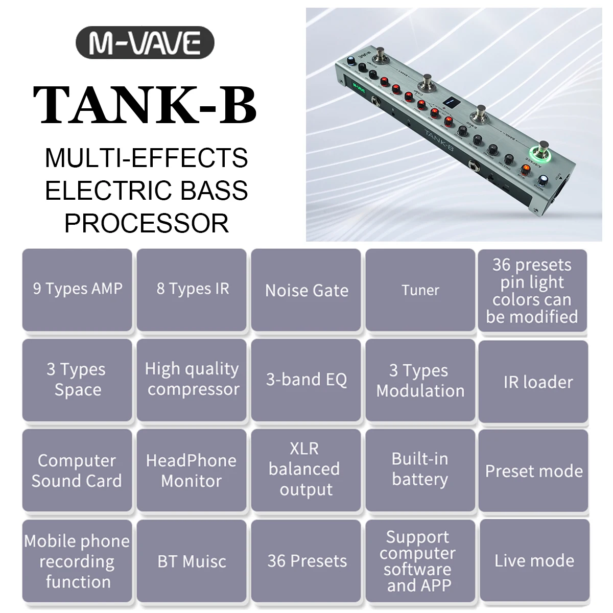 M-VAVE TANK-B Bass Multi-Effects Processor - 36 Presets, 9 Preamp, 8 IR, USB Audio, 12Hrs, XLR Out, 613g, for Electric Bass