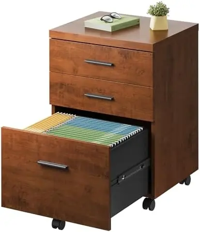 3 Drawer File Cabinet for Home Office, Wood Under Desk Filing Cabinet, Rolling Printer Stand with Wheels, Walnut