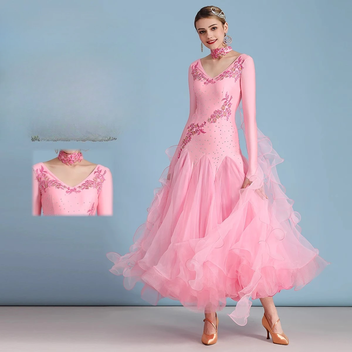 Robe de danse de salon pour femmes modernes, vêtements de danse modernes Standard, manches longues, Costumes de scène de valse incrustés de diamants