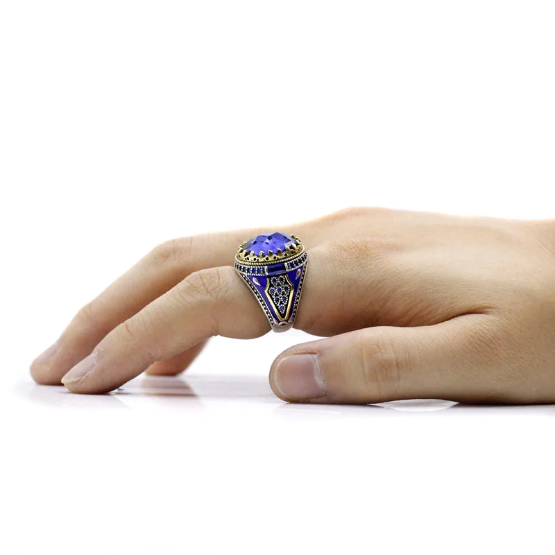 التركية الأزرق كريستال زجاج حجر خاتم ، 925 فضة ، Vintage الملك تاج ، تشيكوسلوفاكيا المينا ، الرجال المجوهرات ، المرأة هدية ، مجوهرات Tibetan #3