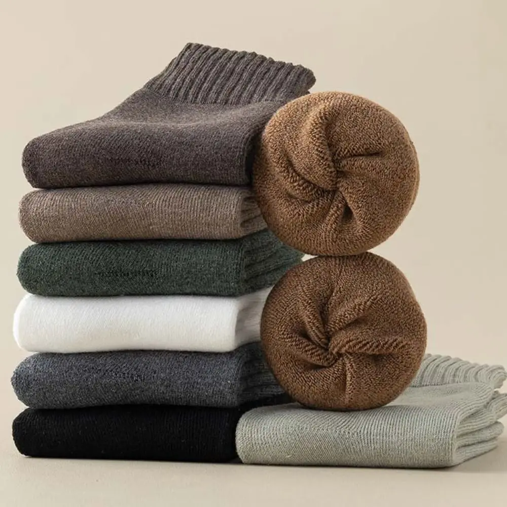 

5Pairs Simple Thicken Warm Socks Stripe Thicker Thermal Mid Length Socks Mid Tube Solid Color Winter Socks Men Autumn Winter
