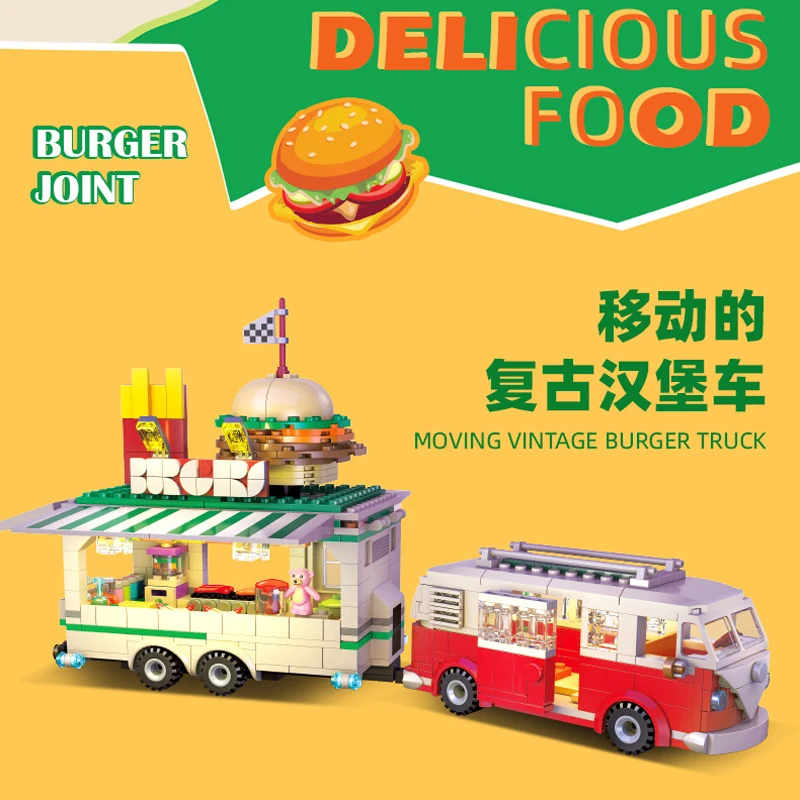 IN STOCK MOC Creativity Mobile Burger Truck Building Blocks Model Bricks Assembling DIY Toys for Boys Christmas Gift Set