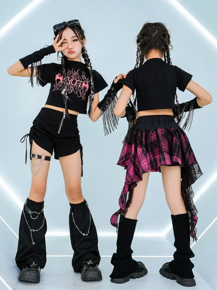 Mädchen Kpop Jazz Dance Kostüm Schwarz Tops Hip Hop Shorts Rock Outfits Kinder Performance Kleidung Konzert Bühne Tragen
