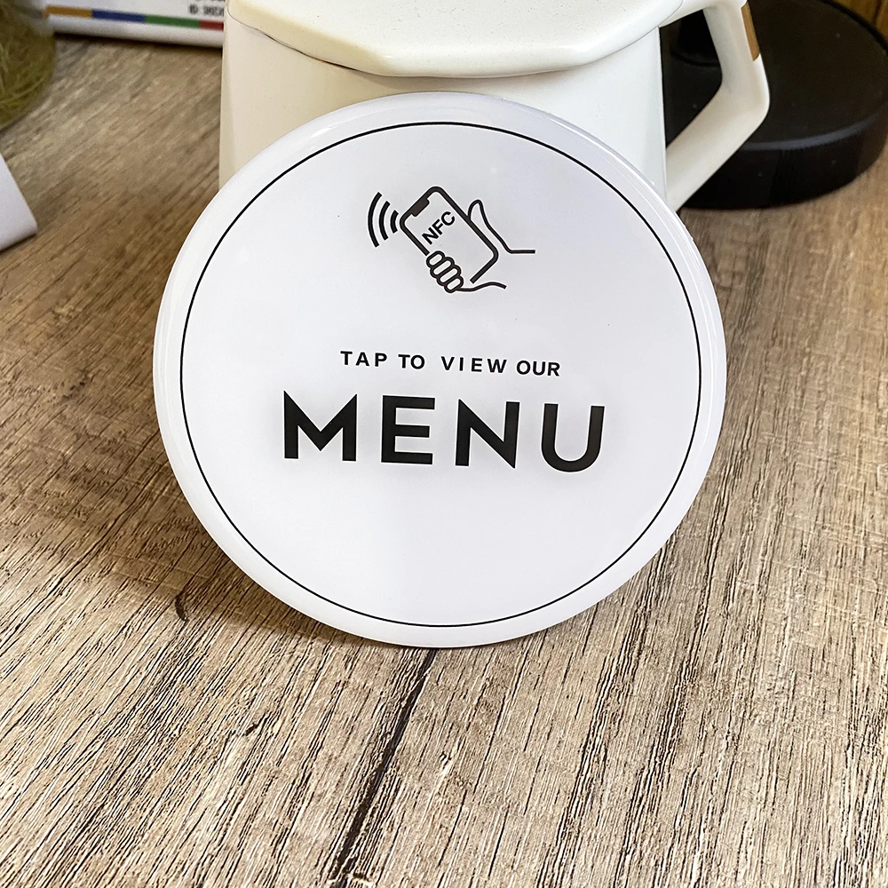 Tap to Order View Digital Menu With NFC Menu Plaques Black White Round Shape Sticker