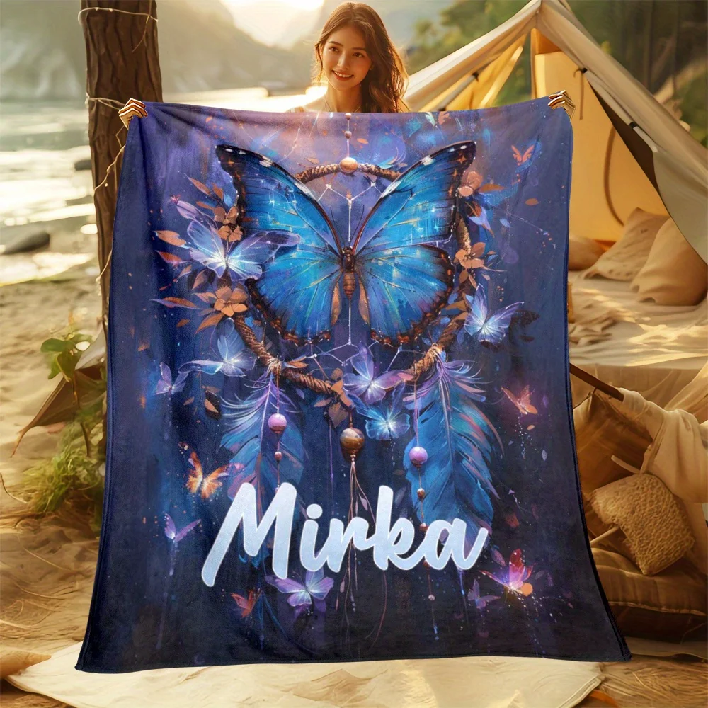 Custom Dreamy Purple Catcher & Butterfly Printed Soft Flannel Throw Blanket Personalized Name Warm for Sofa Bedroom Office Chair